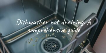 A modern dishwasher with standing water inside, showing visible food debris and a clogged drain, realistic kitchen setting.