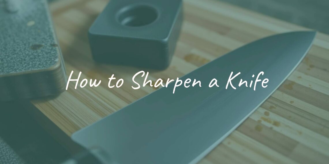 A sharp kitchen knife on a wooden cutting board with a sharpening stone nearby, clear focus on the knife's edge, well-lit, realistic.