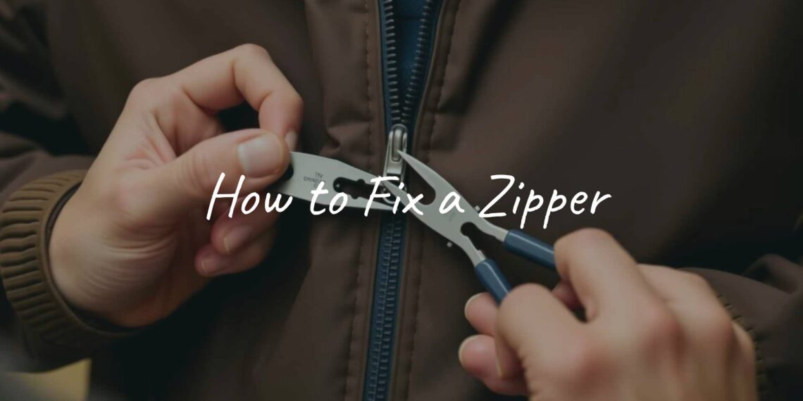 A close-up of hands repairing a stuck zipper on a jacket, with tools like pliers and wax nearby, realistic.