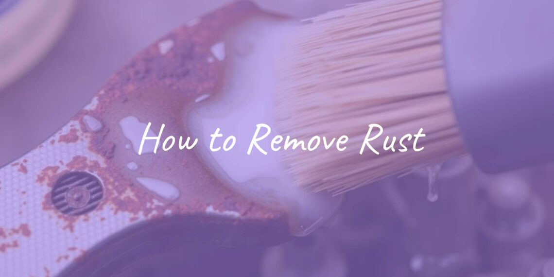 A close-up of a rusty metal tool being cleaned with a brush and white vinegar, showing rust removal in progress, realistic.
