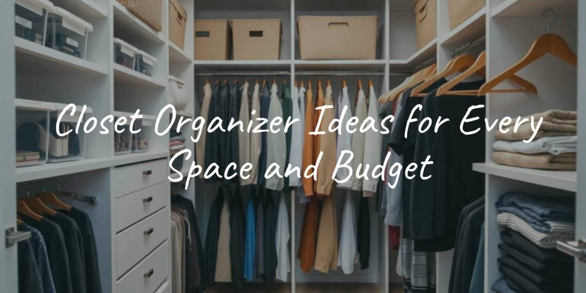 A neatly organized walk-in closet with labeled bins, wooden hangers, and folded clothes, bright natural lighting, modern and minimalist style.