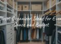 A neatly organized walk-in closet with labeled bins, wooden hangers, and folded clothes, bright natural lighting, modern and minimalist style.