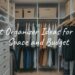 A neatly organized walk-in closet with labeled bins, wooden hangers, and folded clothes, bright natural lighting, modern and minimalist style.