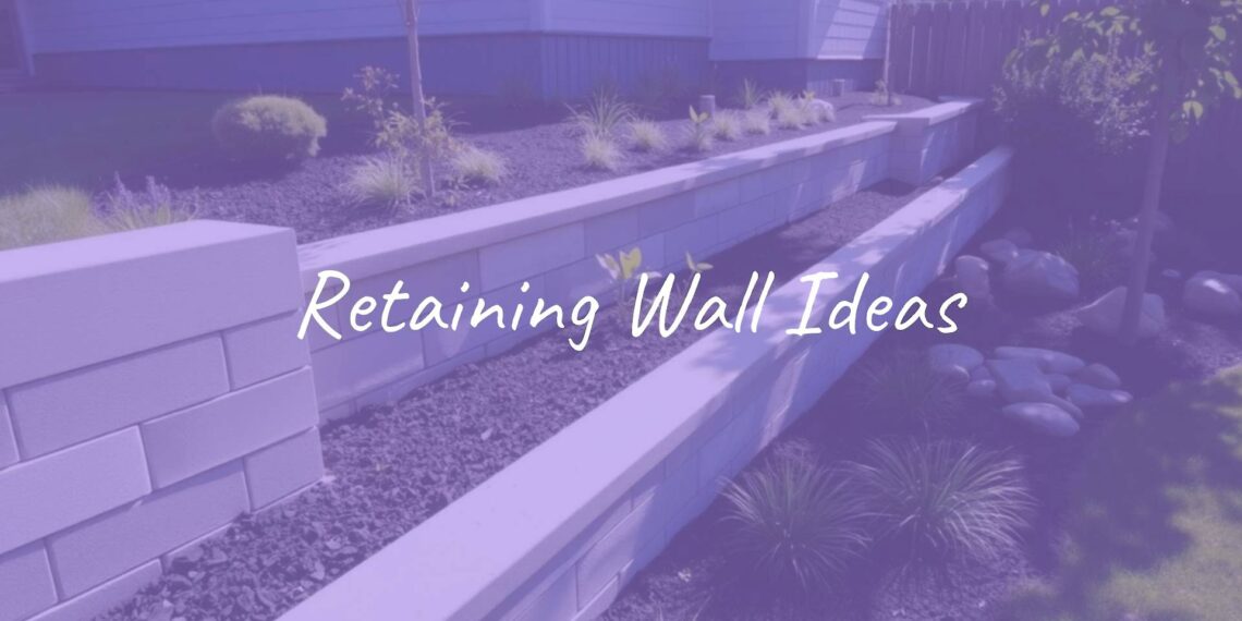 Modern retaining wall in a landscaped garden, holding back soil with plants and stones, natural sunlight, realistic.
