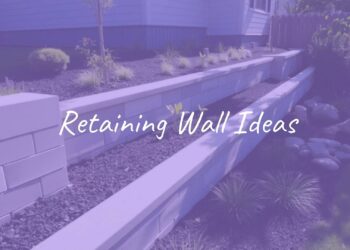 Modern retaining wall in a landscaped garden, holding back soil with plants and stones, natural sunlight, realistic.