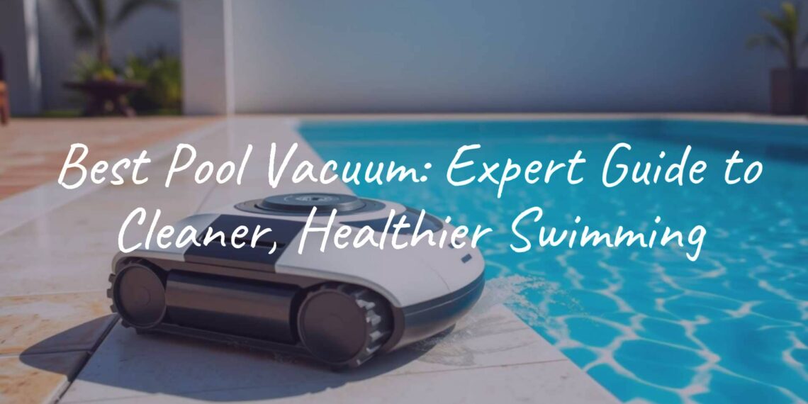 A modern robotic pool vacuum cleaning a crystal clear blue swimming pool, sunny day, backyard setting, realistic.
