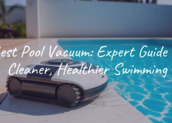 A modern robotic pool vacuum cleaning a crystal clear blue swimming pool, sunny day, backyard setting, realistic.