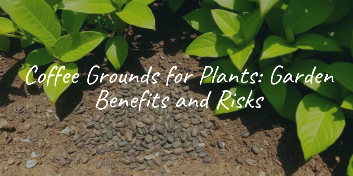 Coffee grounds scattered around plants in a garden, moist soil, vibrant green leaves, natural sunlight, realistic.