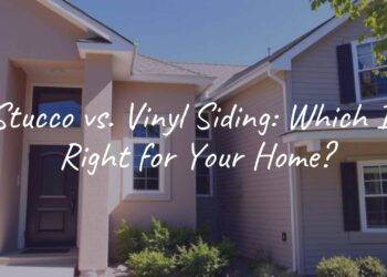A modern house exterior with stucco on one side and vinyl siding on the other, sunny day, realistic comparison.