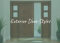 Stylish modern front door with sidelights, natural wood finish, elegant entryway, realistic.