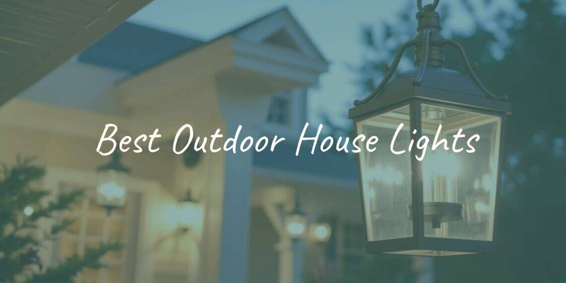 Stylish outdoor house lights illuminating a cozy front porch at dusk, warm white glow, modern lantern design, blended with natural greenery, realistic lighting effect.