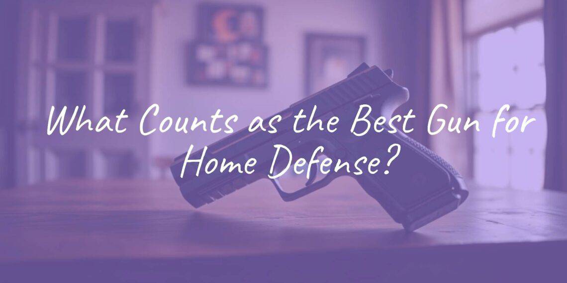 A modern home defense handgun on a wooden table, dimly lit room, realistic, serious tone.