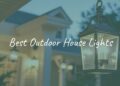 Stylish outdoor house lights illuminating a cozy front porch at dusk, warm white glow, modern lantern design, blended with natural greenery, realistic lighting effect.