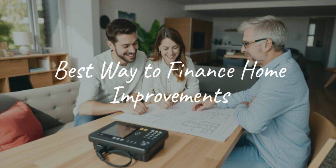 A happy family discussing home improvement plans in a bright, modern living room, with blueprints and a calculator on the table, cozy and realistic.