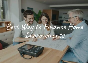 A happy family discussing home improvement plans in a bright, modern living room, with blueprints and a calculator on the table, cozy and realistic.