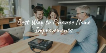 A happy family discussing home improvement plans in a bright, modern living room, with blueprints and a calculator on the table, cozy and realistic.