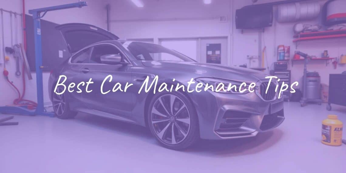 A well-maintained modern car in a clean garage, with tools like a wrench and oil can nearby, a checklist for car maintenance visible, realistic style.