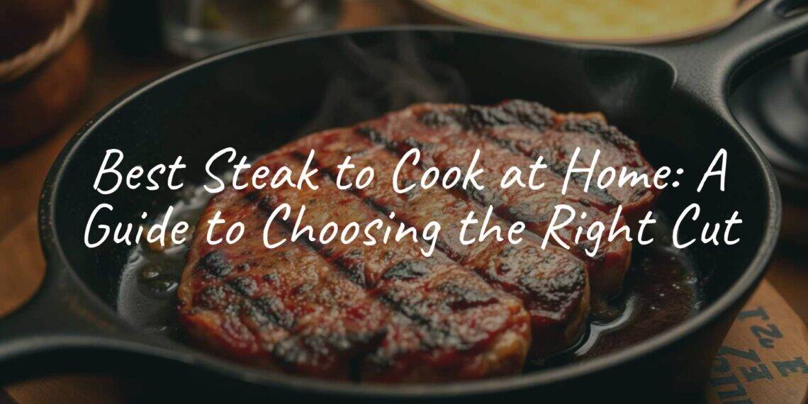Juicy ribeye steak sizzling in a cast iron pan, golden brown crust, steam rising, rustic kitchen background, warm lighting, realistic.