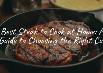 Juicy ribeye steak sizzling in a cast iron pan, golden brown crust, steam rising, rustic kitchen background, warm lighting, realistic.