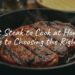Juicy ribeye steak sizzling in a cast iron pan, golden brown crust, steam rising, rustic kitchen background, warm lighting, realistic.