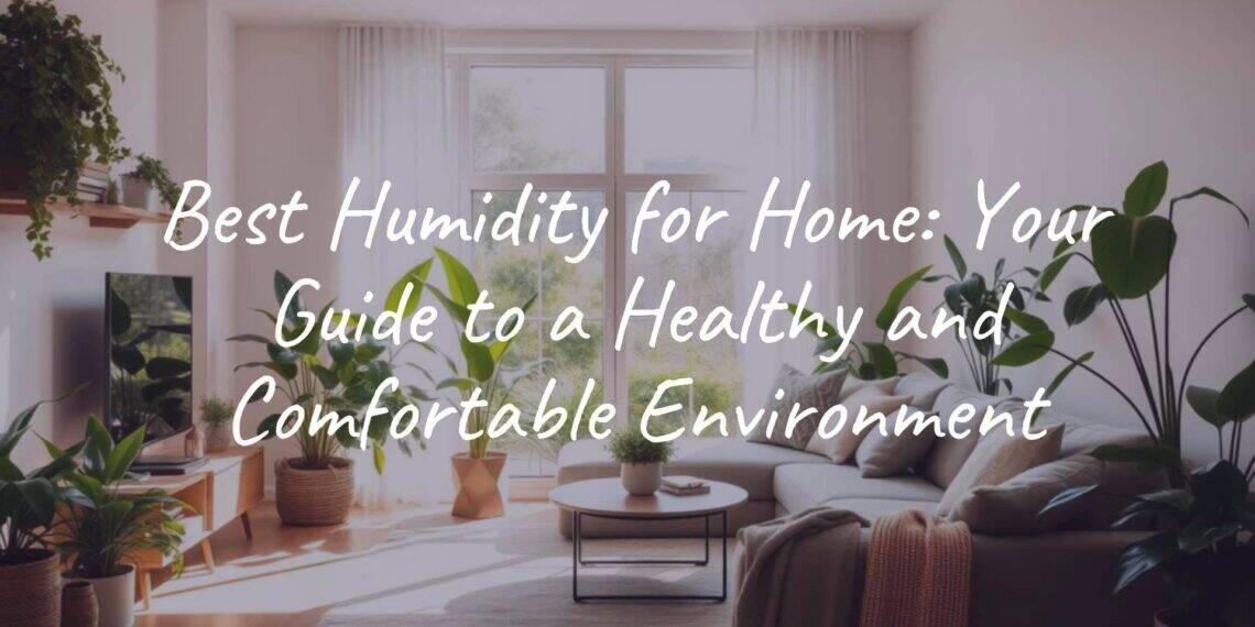 A cozy modern living room with a hygrometer showing 45% humidity, soft sunlight through the window, houseplants, comfortable furniture, clean air, realistic.