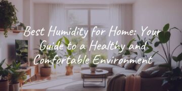 A cozy modern living room with a hygrometer showing 45% humidity, soft sunlight through the window, houseplants, comfortable furniture, clean air, realistic.