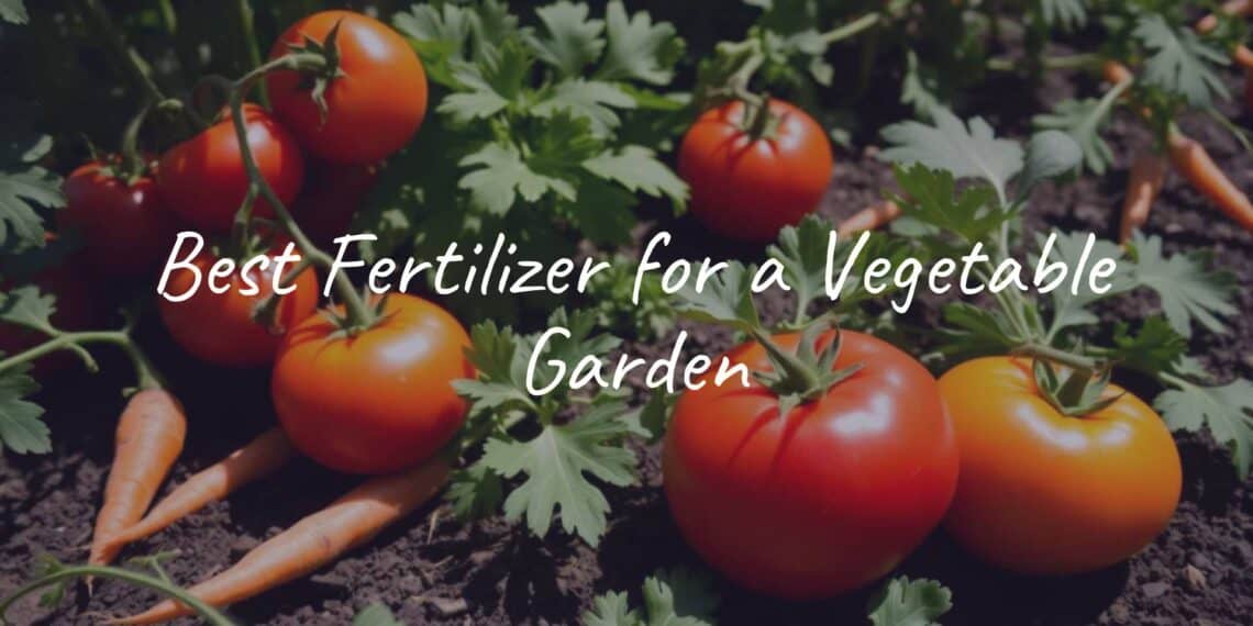 Lush vegetable garden with ripe tomatoes, carrots, and leafy greens, soil enriched with organic fertilizer, sunny day, realistic.