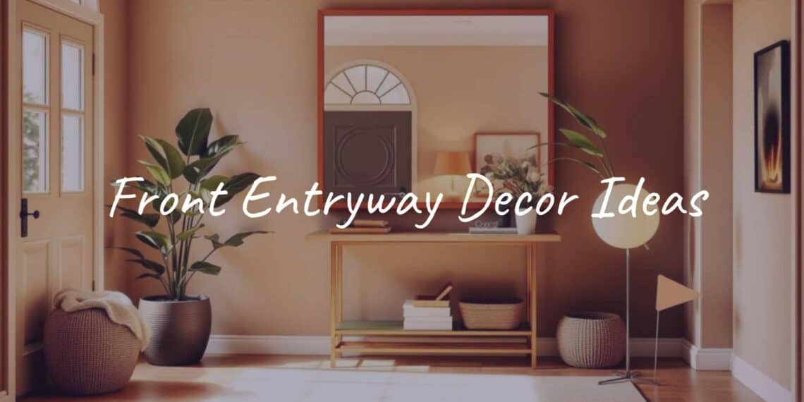A welcoming front entryway with a stylish console table, a large mirror, and a potted plant, warm lighting, cozy textiles, realistic.