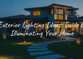 Modern house exterior with warm and inviting outdoor lighting, highlighting pathways, garden, and architectural features, dusk setting, realistic.