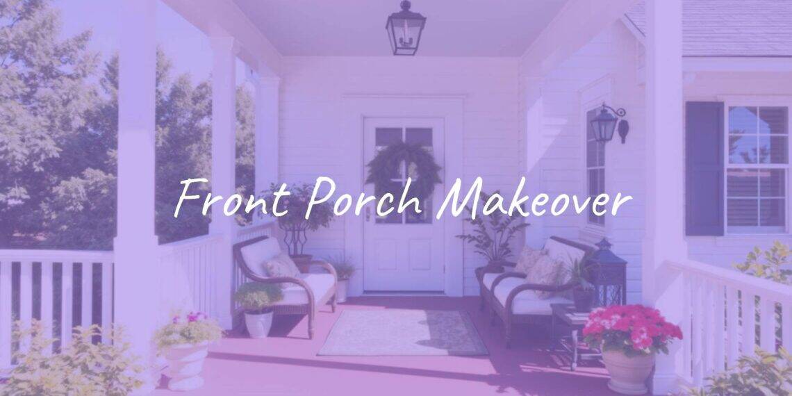A welcoming front porch with cozy seating, potted plants, and fresh paint, sunny daytime, realistic.