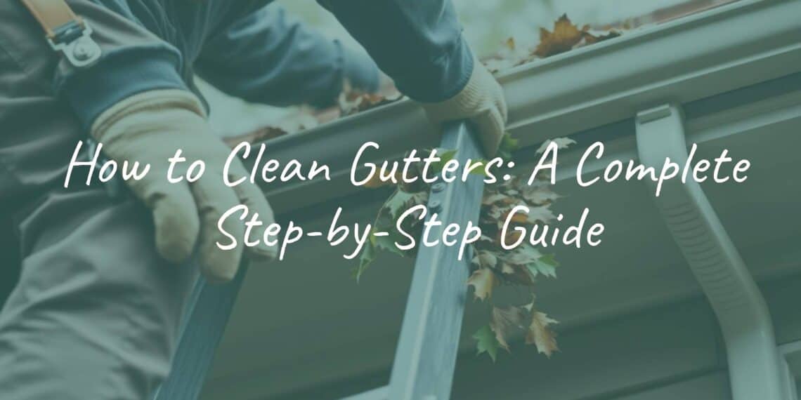 A person cleaning house gutters, ladder, gloves, removing leaves and debris, realistic, home maintenance.