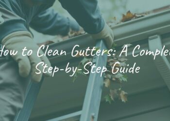 A person cleaning house gutters, ladder, gloves, removing leaves and debris, realistic, home maintenance.
