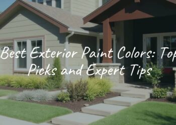 Modern home exterior with fresh sage green and deep chocolate brown paint colors, well-maintained landscaping, sunny day, inviting atmosphere, realistic.