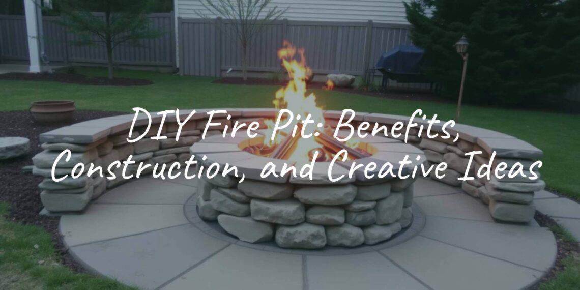 DIY fire pit in a backyard, stacked stone construction, warm glowing fire, cozy outdoor setting, realistic.