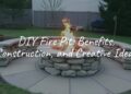 DIY fire pit in a backyard, stacked stone construction, warm glowing fire, cozy outdoor setting, realistic.