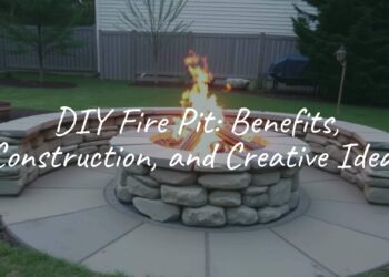 DIY fire pit in a backyard, stacked stone construction, warm glowing fire, cozy outdoor setting, realistic.