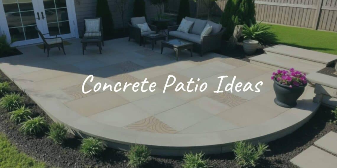 Modern concrete patio with stylish stamped patterns, surrounded by lush landscaping and cozy outdoor furniture, realistic.