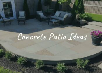 Modern concrete patio with stylish stamped patterns, surrounded by lush landscaping and cozy outdoor furniture, realistic.