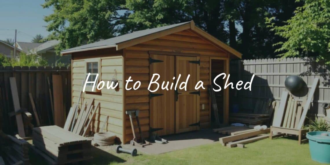 A well-built wooden shed in a backyard, tools and lumber nearby, sunny day, realistic.