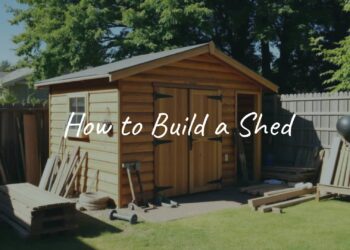 A well-built wooden shed in a backyard, tools and lumber nearby, sunny day, realistic.