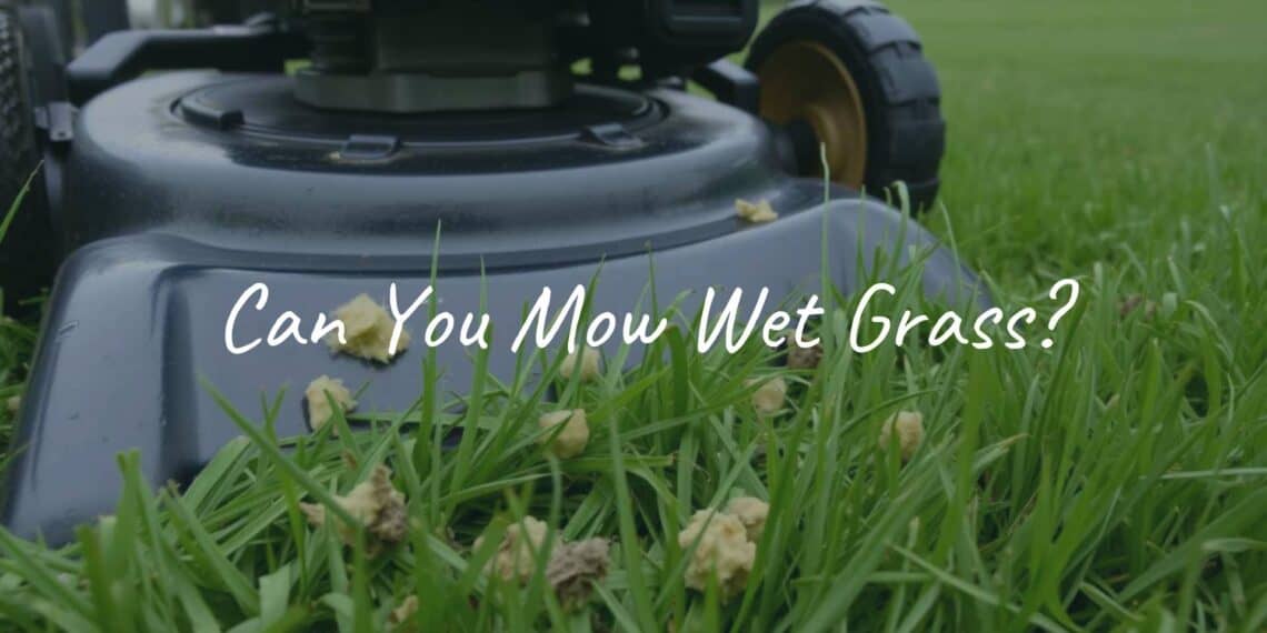 A lawnmower struggling to cut wet grass, clumps of grass sticking to the blades, damp green lawn, cloudy sky, realistic.