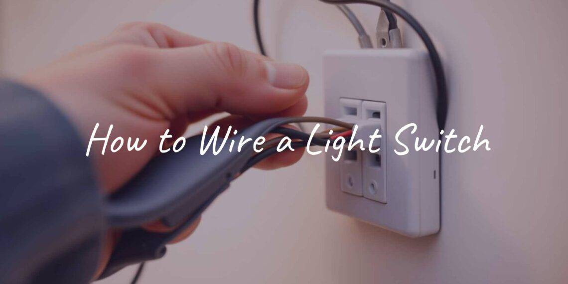 A hand wiring a light switch, close-up, electrical wires visible, realistic, DIY home improvement vibe.