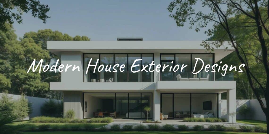 Modern house exterior with clean lines, large glass windows, flat roof, minimalist design, natural light, neutral colors, surrounded by greenery, realistic.