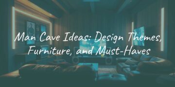 Cozy modern man cave with leather sofa, game console, and neon lights, dark wood accents, cinematic lighting, realistic.