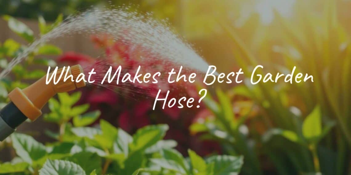 A high-quality garden hose in a lush backyard, spraying water on vibrant green plants, bright sunlight, realistic.
