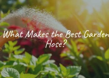 A high-quality garden hose in a lush backyard, spraying water on vibrant green plants, bright sunlight, realistic.