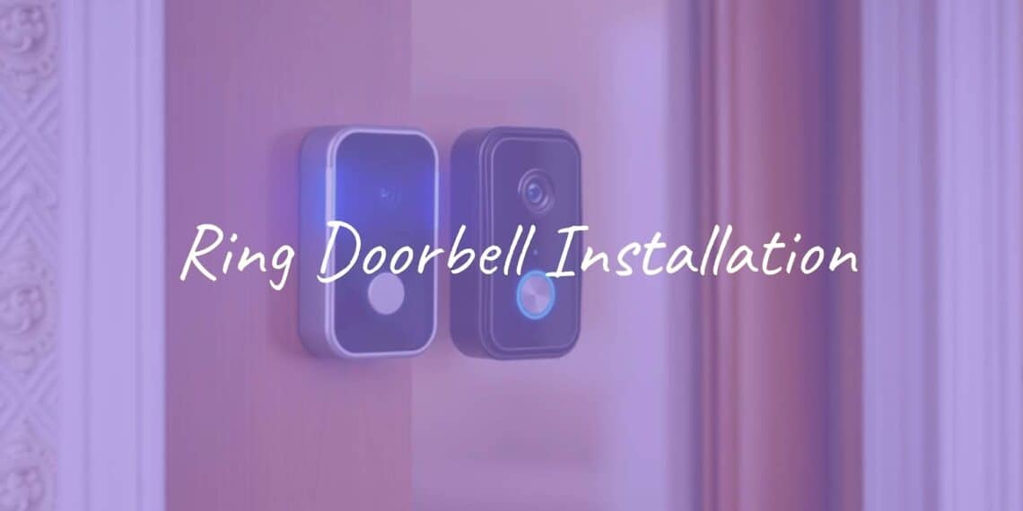 A modern smart Ring doorbell installed on a front door, clear view of the camera, well-lit, realistic.