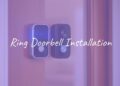 A modern smart Ring doorbell installed on a front door, clear view of the camera, well-lit, realistic.