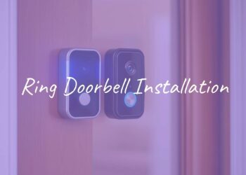 A modern smart Ring doorbell installed on a front door, clear view of the camera, well-lit, realistic.