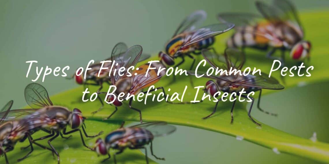 Close-up of various fly species on a green leaf, detailed wings and colors, natural lighting, realistic.